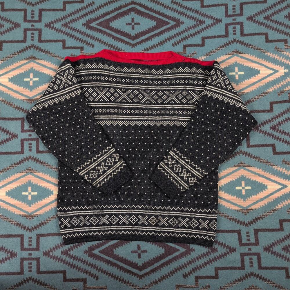 Vintage Figgjo Norway Pure New Wool Nordic Sweater Charcoal & Red Fair Isle Knit